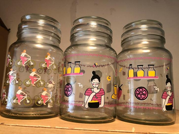 3 glazen Douwe Egberts Moccona voorraadpotten met afbeelding, Huis en Inrichting, Keuken | Potten en Pannen, Zo goed als nieuw