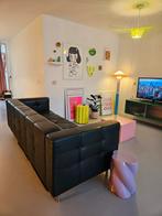 Gelderland 6111 Zwarte Leren Bank - 220cm, Ophalen, Gebruikt, Driepersoons, Rechte bank