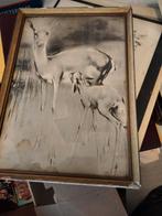 Vintage Herten Tekening in Gouden Lijst, Antiek en Kunst, Kunst | Tekeningen en Foto's, Ophalen of Verzenden