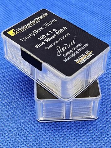 (9665) HEIMERLE & MEULE BOX 100  ZILVER BAARTJES VAN 1 GRAM beschikbaar voor biedingen