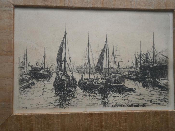 ANVERS, Kattendijck, Iets gekl ets Haven met zeilschepen, Antiek en Kunst, Kunst | Etsen en Gravures, Ophalen of Verzenden