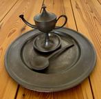 Antieke Tinnen Set : olielamp (snotneus), bord en lepel, Antiek en Kunst, Antiek | Tin, Ophalen of Verzenden