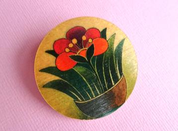 jwg Vintage 60e 70s bloem plant broche hout oranje groen beschikbaar voor biedingen
