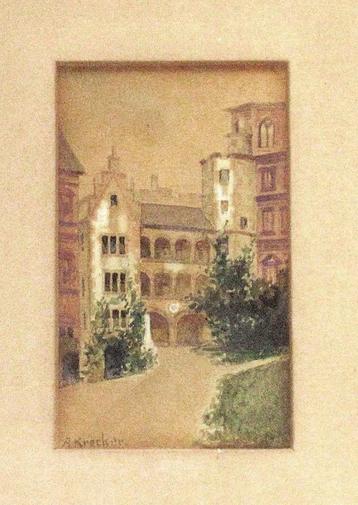 Antiek aquarel gesigneerd door A. Krecker. beschikbaar voor biedingen