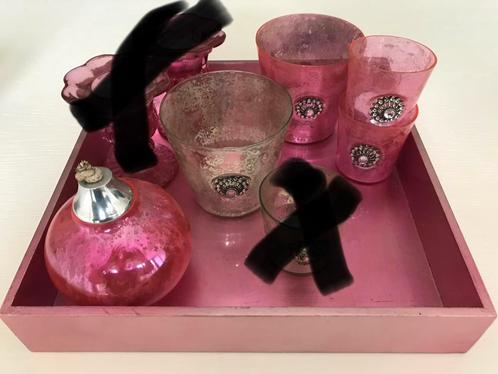 roze en zilveren waxinelichtjes en roze olielampje, Huis en Inrichting, Woonaccessoires | Kandelaars en Kaarsen, Gebruikt, Kandelaar