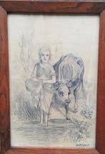 Meisje met koe. Jac. H. Kessels. Ca 1900. 32/46 cm., Antiek en Kunst, Kunst | Schilderijen | Klassiek, Ophalen