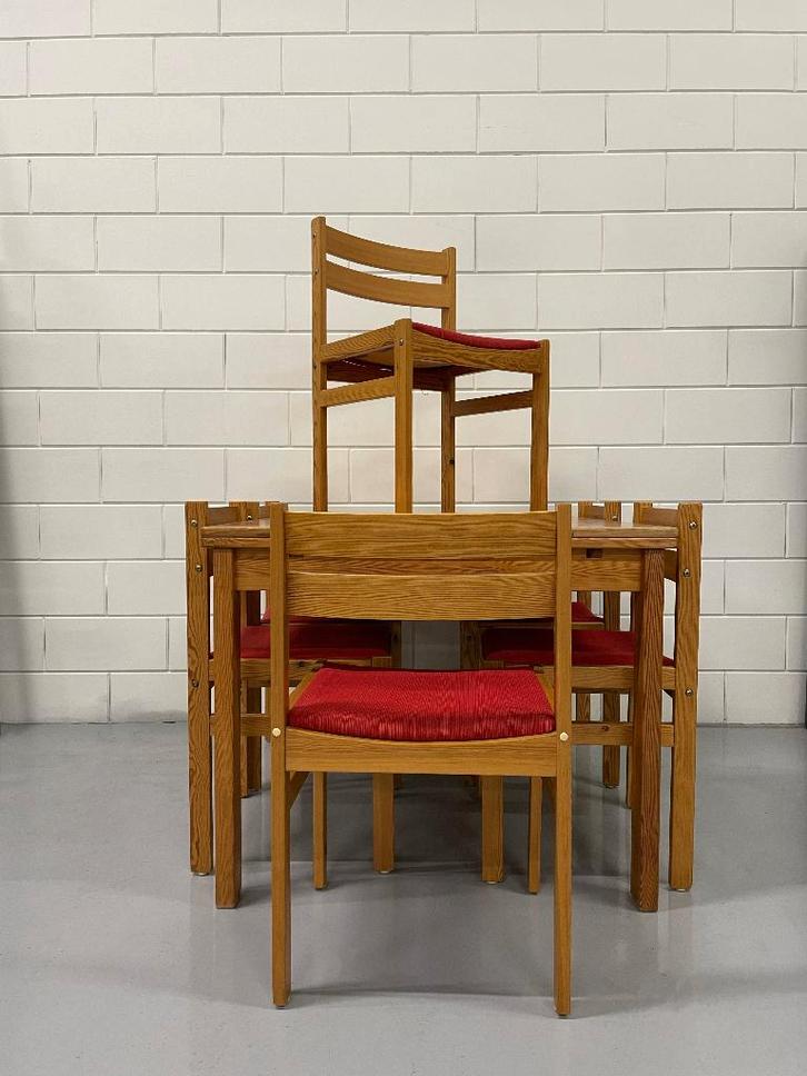 Vintage grenen eettafel set, Huis en Inrichting, Tafels | Eettafels, Gebruikt, 50 tot 100 cm, 100 tot 150 cm, Vijf personen of meer