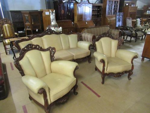 Oer 10979 vintage barok leren set 3 zits bank en 2 fauteuils, Huis en Inrichting, Banken | Bankstellen, Leer, Ophalen