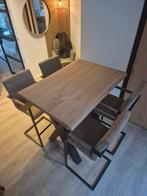 Massief houten tafel met 4 stoelen, Gebruikt, 100 tot 150 cm, 50 tot 100 cm, Vier personen
