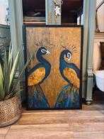 Schilderij vogels Delfts blauw goud zwart groot lijst doek, Antiek en Kunst, Ophalen