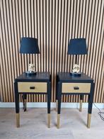 2 Zwarte Nachtkastjes met Goud + Optionele Aap Lampjes, Minder dan 55 cm, Zo goed als nieuw, Modern, Rechthoekig