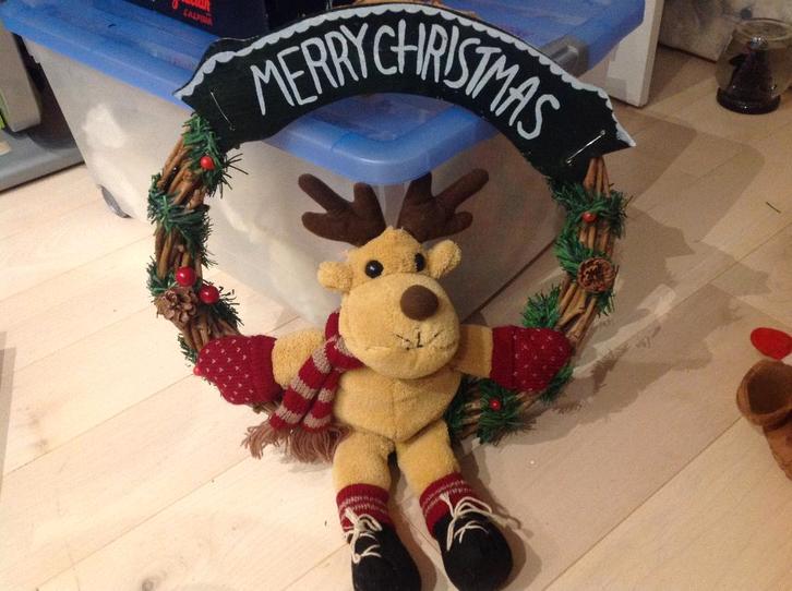 Deur-kerst-krans pluche hert eland / kerstkrans sneeuwpopje, Diversen, Kerst, Zo goed als nieuw, Ophalen
