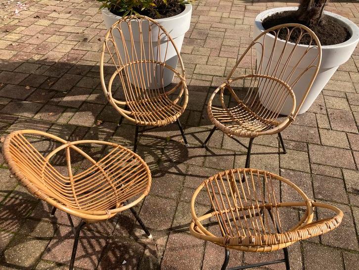4 vintage Rohé rotan stoeltjes, Huis en Inrichting, Stoelen, Zo goed als nieuw, Twee, Bruin, Ophalen