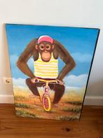 Handgeschildert Schilderij — Aap op fiets, Ophalen of Verzenden