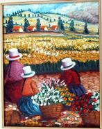 Peru, Olie Renzo. 3vrouwen, 2manden  witte gele rode bloemen, Antiek en Kunst, Ophalen
