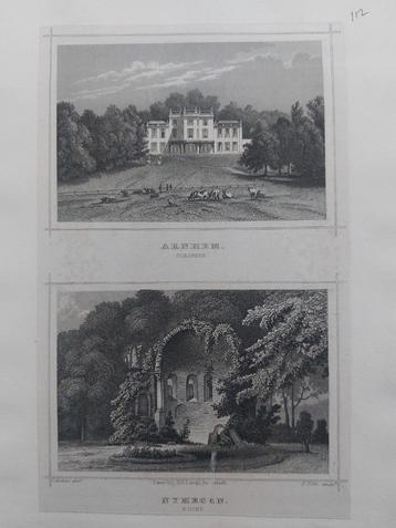 112 / Arnhem Sonsbeek  + ruine Nijmegen Gravure uit 1860 beschikbaar voor biedingen
