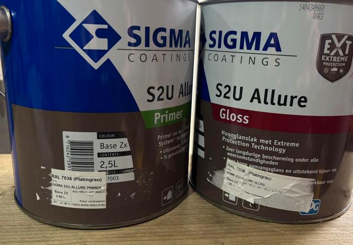 9 blikken sigma allure gloss en primer, Doe-het-zelf en Verbouw, Verf, Beits en Lak, Zo goed als nieuw, Verf, Minder dan 5 liter