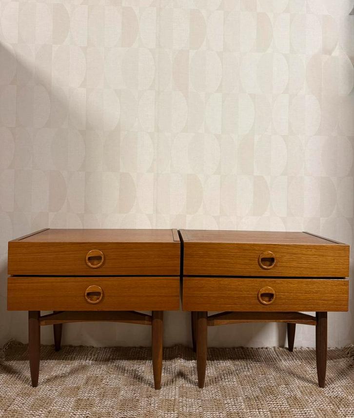 Vintage set nachtkastjes teak retro fineer Deens design, Huis en Inrichting, Slaapkamer | Nachtkastjes, Zo goed als nieuw, Minder dan 55 cm