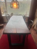 Boomstamtafel met stalen poten, Huis en Inrichting, Tafels | Eettafels, 200 cm of meer, Zo goed als nieuw, Rechthoekig, 50 tot 100 cm