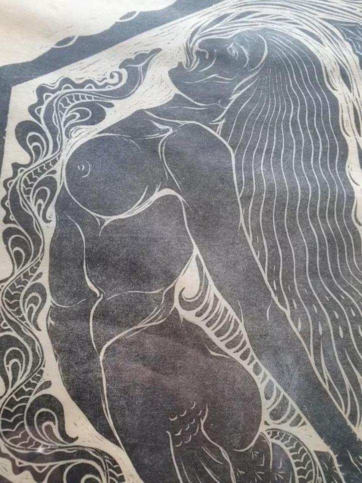 Johan Bernard Kamp houtsnede de Greep zeemeermin naakt, Antiek en Kunst, Kunst | Etsen en Gravures, Ophalen