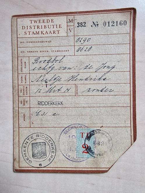 004) ORIGINELE TWEEDE DISTRIBUTIE STAMKAART RIDDERKERK WWII, Verzamelen, Militaria | Tweede Wereldoorlog, Overige soorten, Overige typen