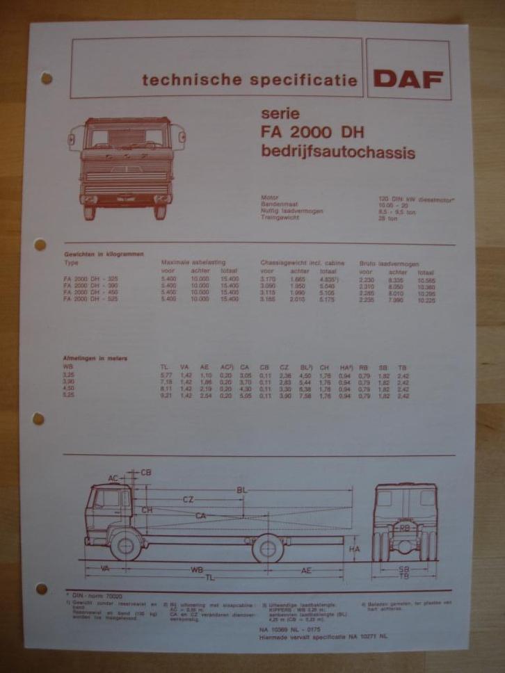 DAF FA 2000 DH Technische Specificatie folder 1975 – 4x2, Boeken, Auto's | Folders en Tijdschriften, Zo goed als nieuw, Overige merken