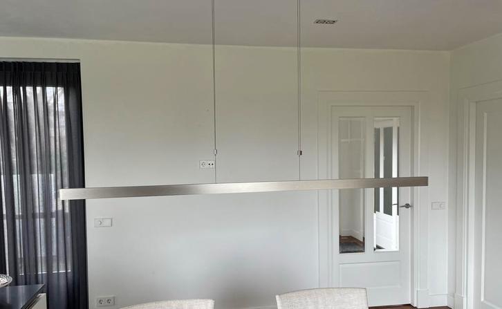 Rvs moderne hanglamp. Boven en onderlicht (apart), Huis en Inrichting, Lampen | Hanglampen, Zo goed als nieuw, 75 cm of meer, Metaal