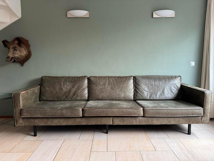 Groene leren bank Sissyboy - 4-zits, Huis en Inrichting, Banken | Bankstellen, Gebruikt, Rechte bank, Vierpersoons of meer, 250 tot 300 cm