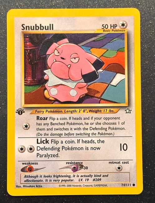 Snubbull #74 1st Ed Pokemon Neo Genesis, Hobby en Vrije tijd, Verzamelkaartspellen | Pokémon, Zo goed als nieuw, Losse kaart, Verzenden