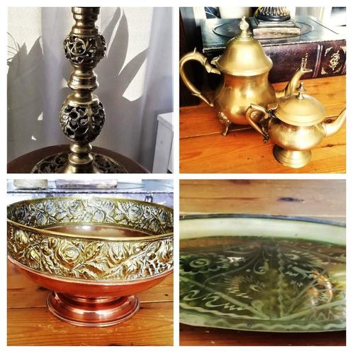 Koper messing uit India theepot dienblad kandelaar schaal, Antiek en Kunst, Curiosa en Brocante, Ophalen of Verzenden