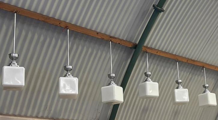 Art deco hanglampen (6x), Huis en Inrichting, Lampen | Hanglampen, Gebruikt, 75 cm of meer, Glas, Metaal, Ophalen