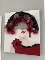 Olieverf werk , met leer,thule en swarovski steentjes, Antiek en Kunst, Ophalen