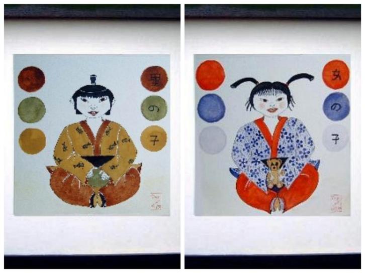 2 Schilderijen Japanse kinderen 2 x 50x50 cm., Antiek en Kunst, Kunst | Niet-Westerse kunst, Ophalen