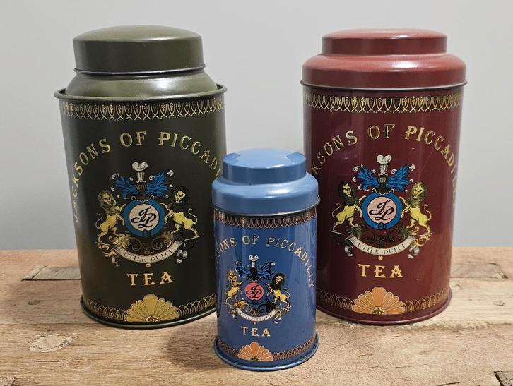 3 OUDE BROCANTE "JACKSONS OF PICCADILLY" THEEBLIKKEN, Verzamelen, Blikken, Gebruikt, Thee, Overige merken, Ophalen of Verzenden