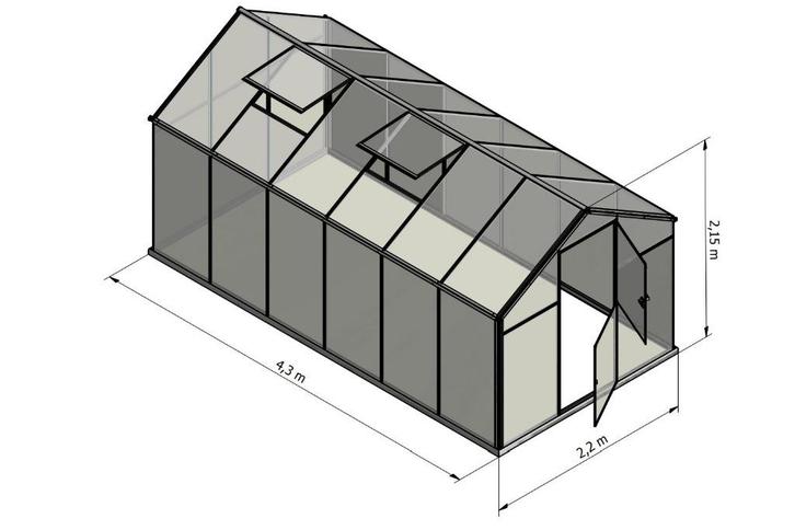 Broeikas Sanus L-10 (9,5m2) 2,20 x 4,30 x 2,10 Polycarbonaat, Tuin en Terras, Kassen, Nieuw, Kweekkas, Aluminium, Polycarbonaat