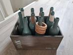 Krat met 11 flessen en 5 houten ringen (spel ringwerpen), Ophalen, Zo goed als nieuw, Minder dan 50 cm, Minder dan 50 cm