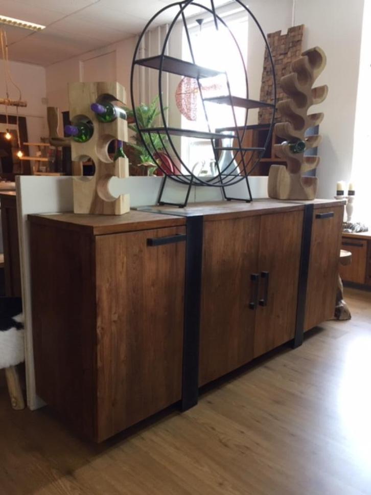 Dressoir  Grof Teakhout + zwart metaal 190b x 85h, echt mooi, Huis en Inrichting, Kasten | Dressoirs, Nieuw, 150 tot 200 cm, 25 tot 50 cm