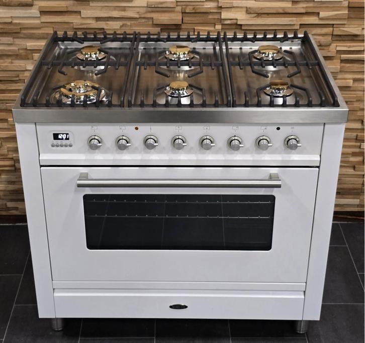 🔥Luxe Fornuis Boretti 90cm wit + rvs 6 pits 300° oven, Witgoed en Apparatuur, Fornuizen, Zo goed als nieuw, Vrijstaand, Gas, 5 kookzones of meer