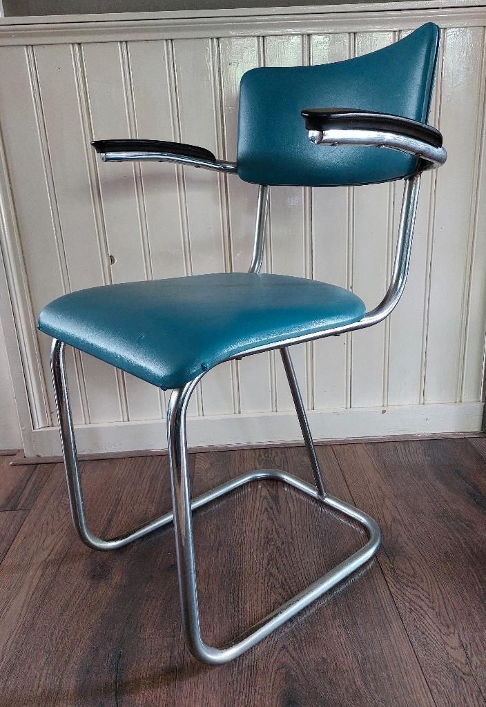 Stoel, buisframe, skai, retro/vintage, Huis en Inrichting, Stoelen, Gebruikt, Eén, Leer, Metaal, Blauw, Ophalen