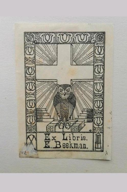 Exlibris E. Beekman (uil, zon, kruis, boeken), Antiek en Kunst, Kunst | Etsen en Gravures, Ophalen of Verzenden