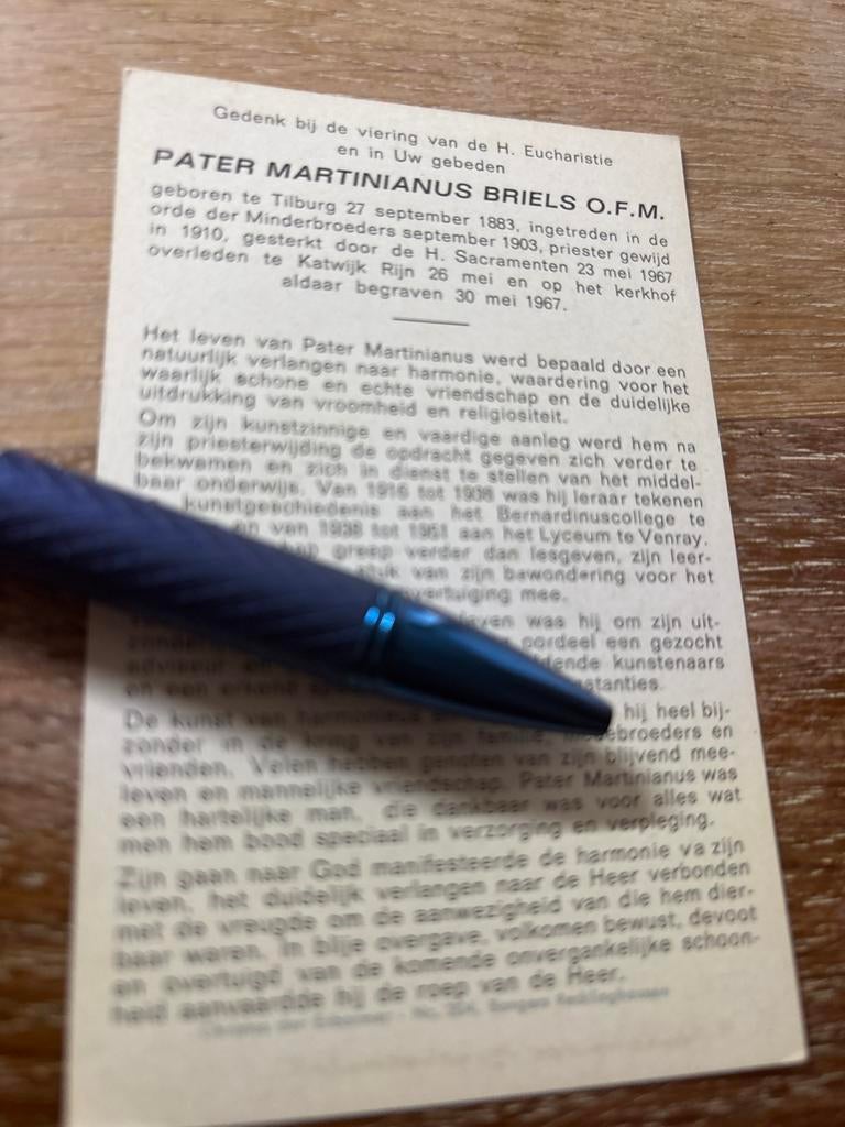 Briels Martinianus 1883 Tilburg 1967 kartwijk Rijn pater, Ophalen of Verzenden, Bidprentje