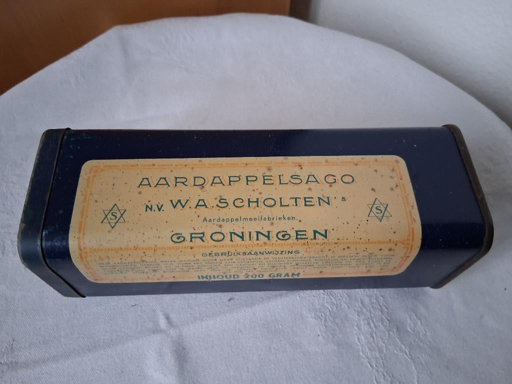 W.A. Scholten Groningen oud aardappelsago blikje, Verzamelen, Blikken, Ophalen of Verzenden, Gebruikt, Overige