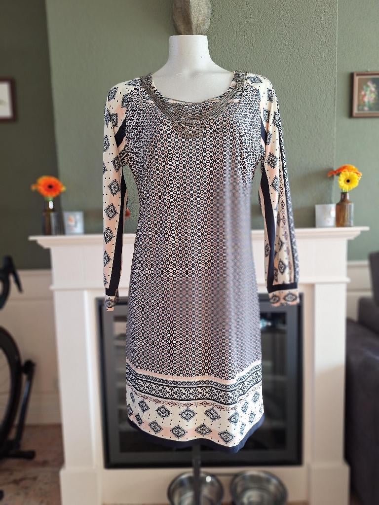 K-Design K design blauw roze crème jurk M 38, Maat 38/40 (M), K-design, Nieuw, Knielengte