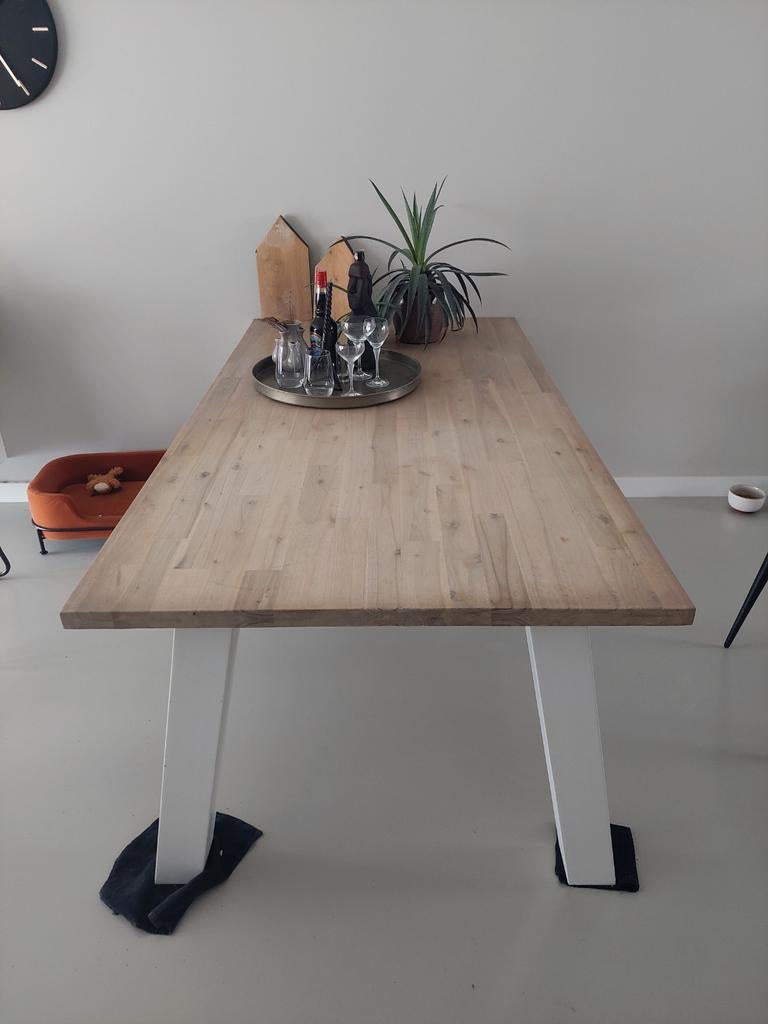 Houten eettafel met witte poten, Ophalen, Gebruikt, Rechthoekig, 50 tot 100 cm