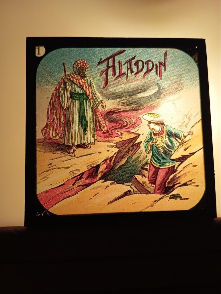 Antieke Toverlantaarn Plaat - Aladdin (Glas), Ophalen of Verzenden