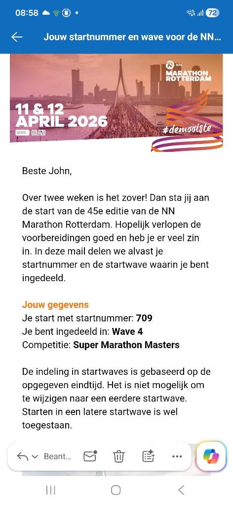 Marathon Rotterdam startbewijs 2026, Overige typen, Nieuw, Hardlopen, Ophalen
