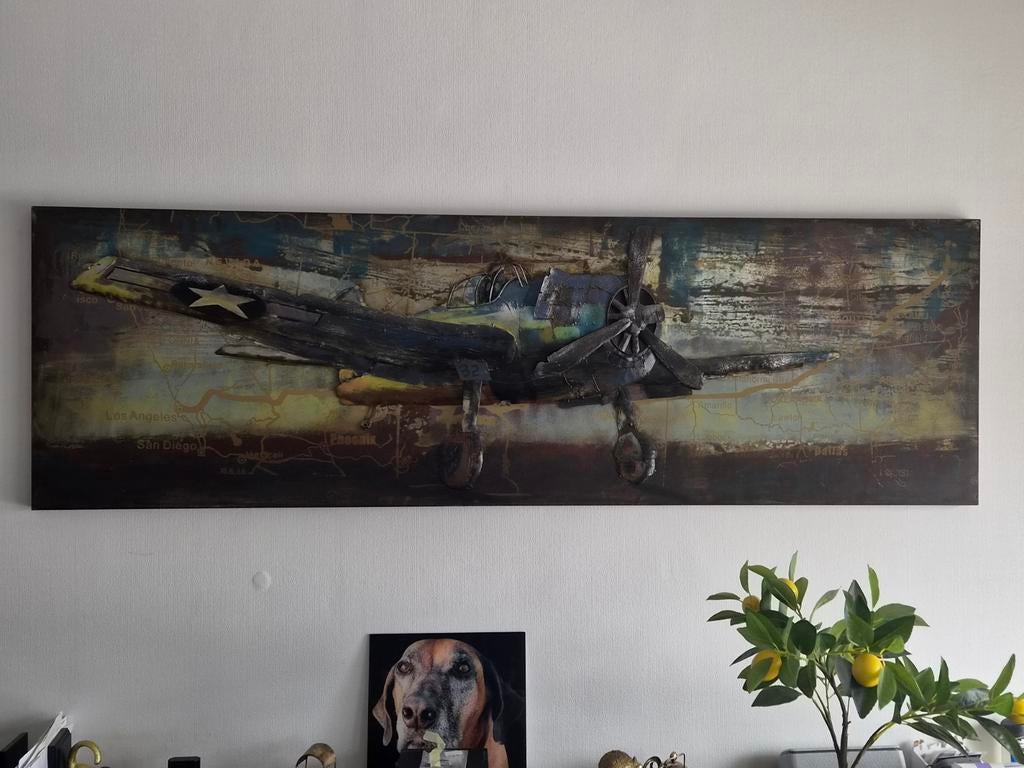 Uniek 3D Metaalschilderij Vliegtuig - Industriële Kunst, Ophalen