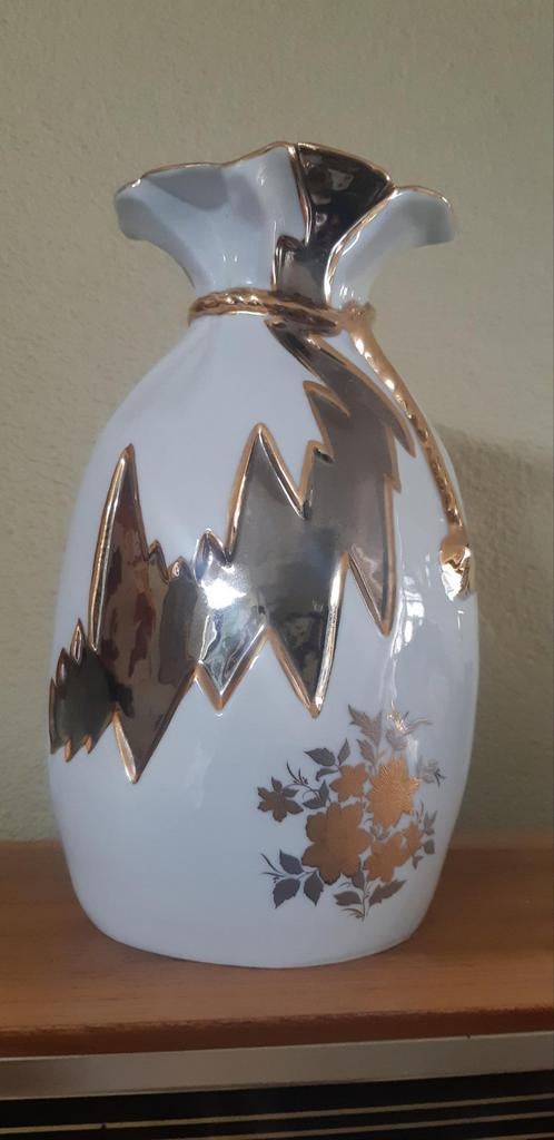Vintage Linda Limoges porseleinen vaas - wit met goud/zilver, Antiek en Kunst, Antiek | Vazen, Ophalen of Verzenden