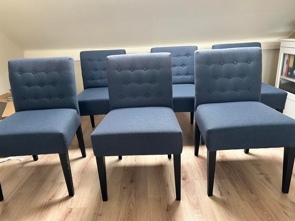 Te koop 6 eetkamer stoelen (blauw), Ophalen, Gebruikt, Blauw, Stof