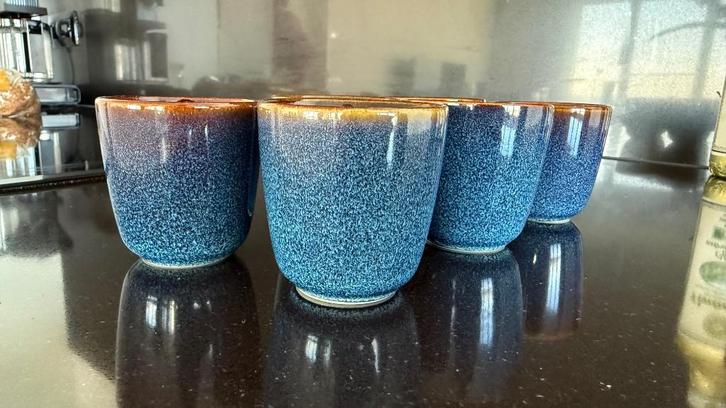Gladelig mokken 6 stuks blauw, Huis en Inrichting, Keuken | Servies, Kop(pen) en/of Schotel(s), Overige stijlen, Aardewerk, Ophalen of Verzenden